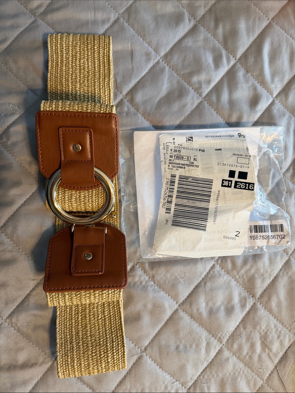 Catherines Natural Woven Belt with Tan Faux Leather & Gold Ring